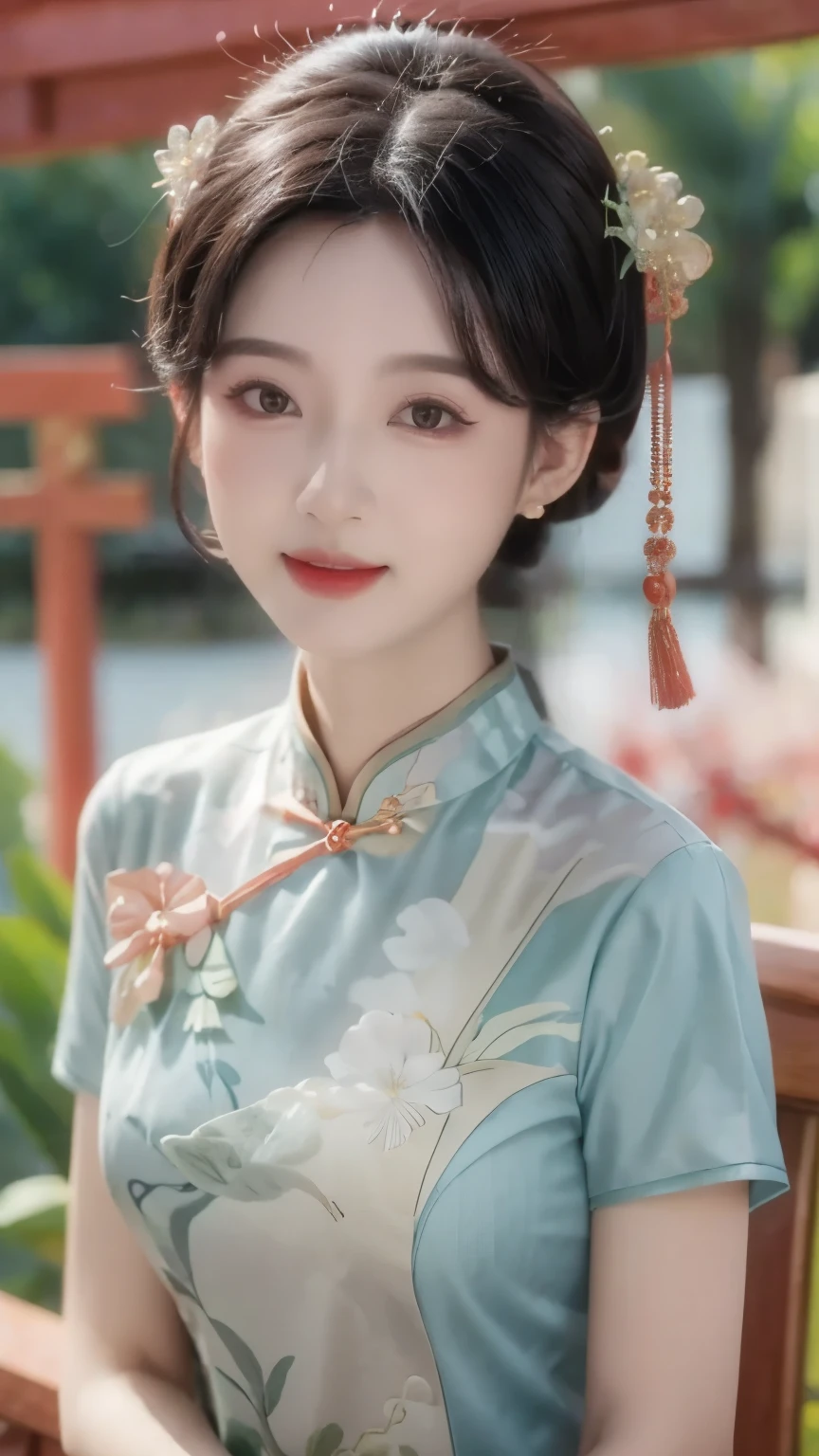 1 beautiful girl,best quality,(painting:1.5),Chest,torii,,depth of field, detailed face ,facial focus,ribbon_trim,(watching the audience:1.25),Smile,Thick lips,Real People,cheongsam