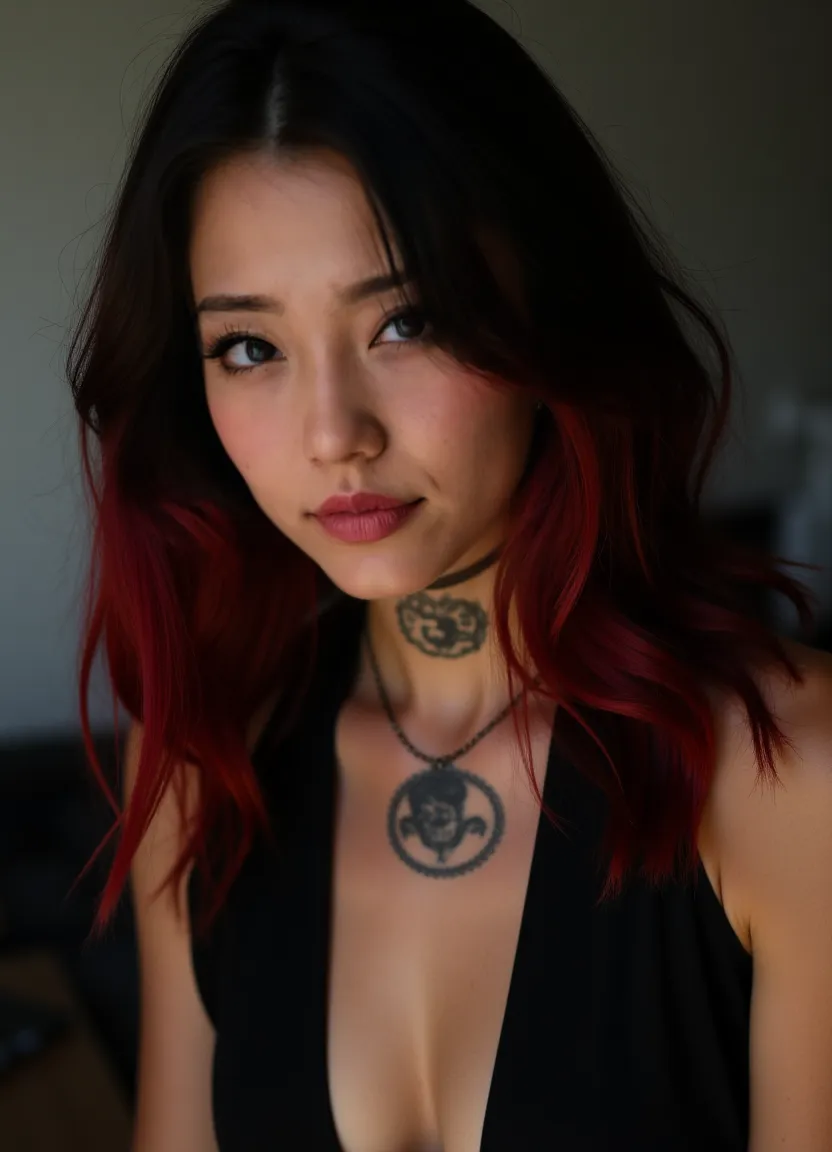 A beautiful Korean girl，Long pink hair，Tattooed with，full bodyesbian，Wearing a punk collar，Wear a black sleeveless punk bandeau，Wear ultra-short punk hot pants，Wear Martin boots，Bad girl，s the perfect face，Put on light makeup，Wear a ruby ring，Cool and funky style，Rapper，Have on the street，Ultra photo realsisim，8K