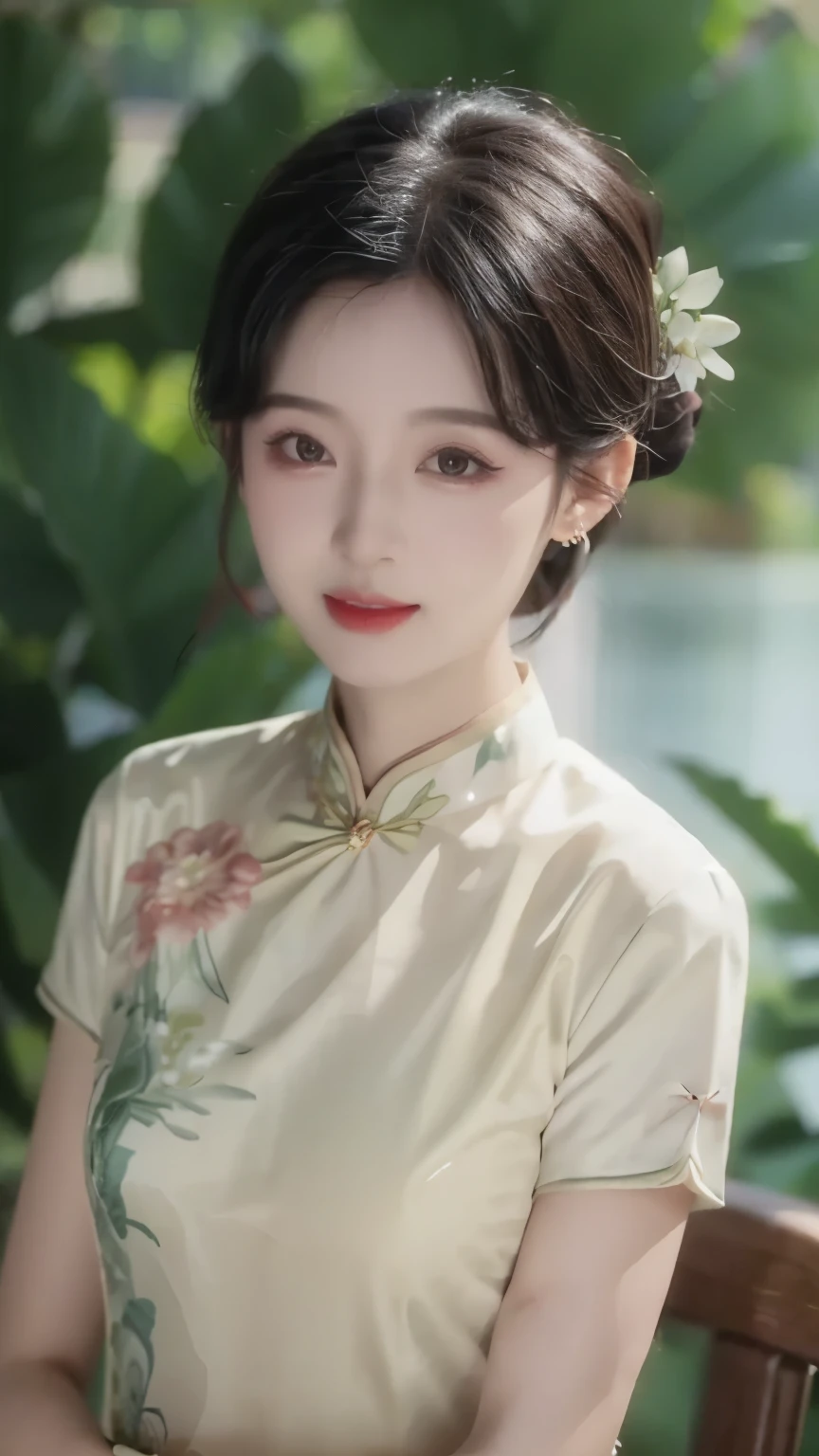 1 beautiful girl,best quality,(painting:1.5),Chest,torii,,depth of field, detailed face ,facial focus,ribbon_trim,(watching the audience:1.25),Smile,Thick lips,Real People,cheongsam