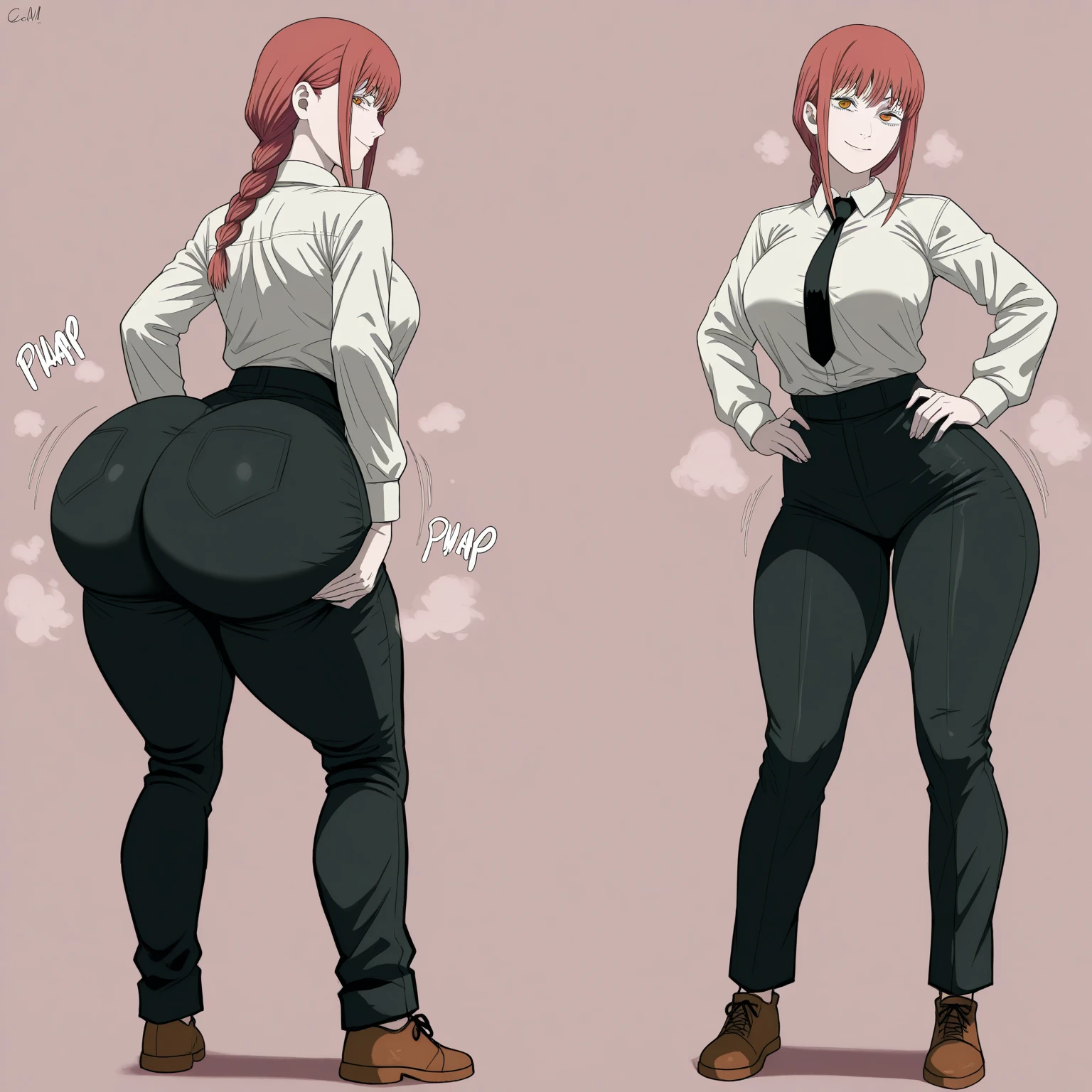 highly detailed, skindentation, pale woman with freckles, small chest, slim, short red hair, hair bun, bangs, blushing, sparkling eyes, white blouse, corset, trousers, stretched clothing, dark moody room, masterpiece, best quality, perfect anatomy, highres, detailed, 1girl, smug, full body