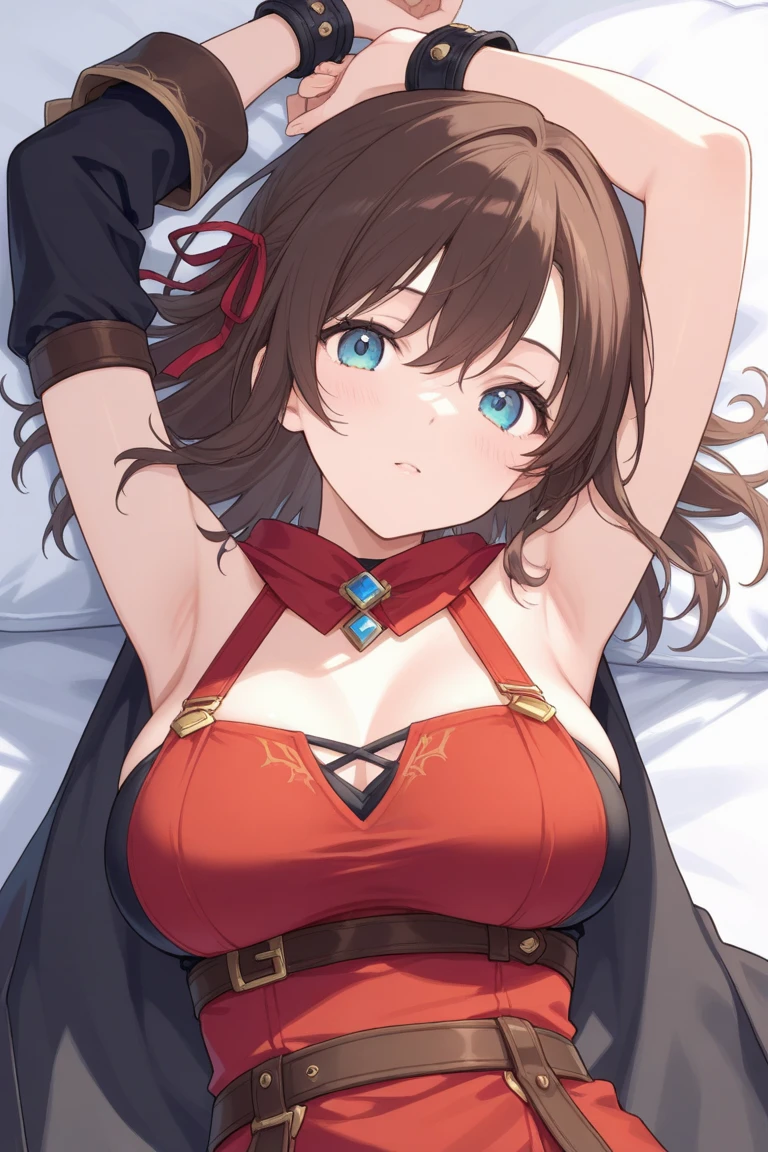 high resolution, top-quality, ultra-quality, 20-year-old girl, ((Ryza, short hair, hat, hair crip)), (huge breast:0.7), ((sleeping on bed)), lying her back on bed, open legs, bedroom, Reddened face, ((sexually aroused:1.6)), extremely close up, from above, frontal, closed eyes, (sexual feeling:1.8), (ecstasy:1.6), (having sex:1.5), (screaming:0.6)