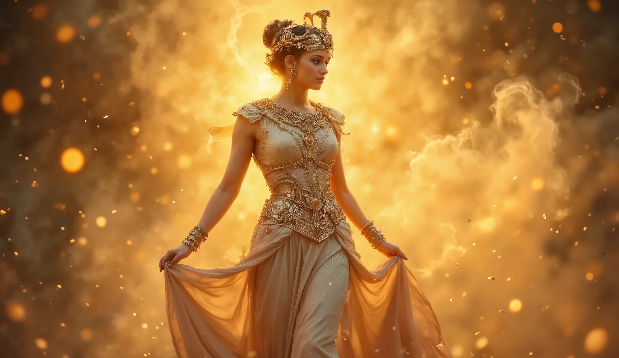 A Ptolemaic queen of classical Mediterranean beauty, captured in elegant movement with royal fabrics billowing dramatically around her. Layered gown of fine translucent linen and silk in shades of gold and white with Egyptian embroidery. Elaborate gold jewellery with colourful gemstones. Body expression of absolute self-confidence, perfectly erect spine and subtly imperious hand gesture. Young face with penetrating gaze of wisdom. Dramatic golden light creating halos around the silhouette. Ultra-realistic cinematic visual quality with perfect detail of skin and fabric texture.