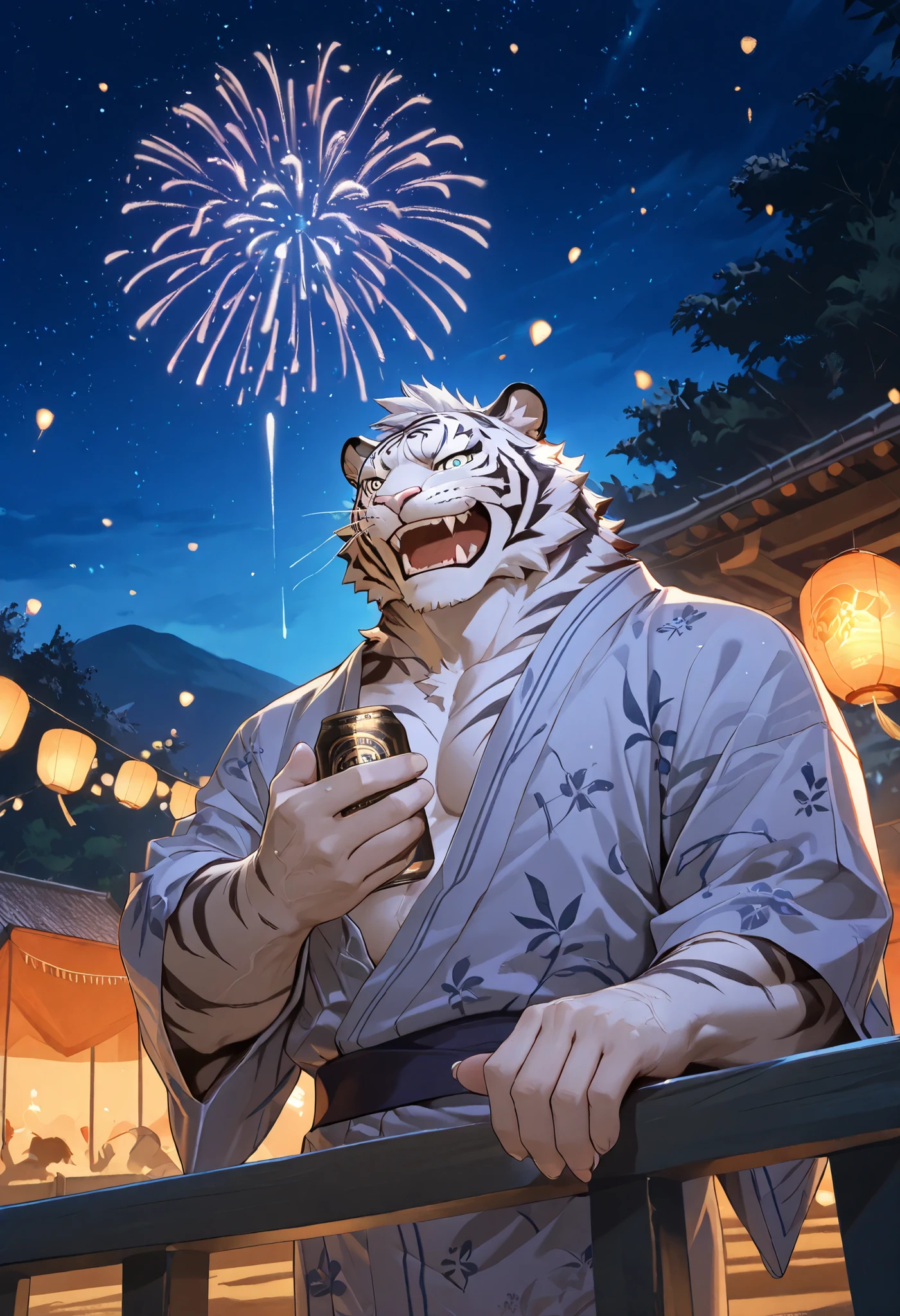 Best quality, masterpiece,ultra high res,detailed background,realistic, real shadow and light,depth of field, looking at the viewer, strong arm and veins, Close up, there is a male white tiger, solo, alone, (white tiger), commission for high res, bare chest, anthropomorphic, muscular chest, highly detailed body, strong and imposing, detailed body, muscular character, extra detailed body, body detailed, (looking form beside, beer on his hand, summer night, festival night, summer night in town, yukata, Japanese yukata, sakura night, smiling, night time, standing on the balcony, fireflies, sweetheart, lovely night, tent, beer can, open mouth, laugh, happy moment, fireworks on sky, moon, festival night in summer.
