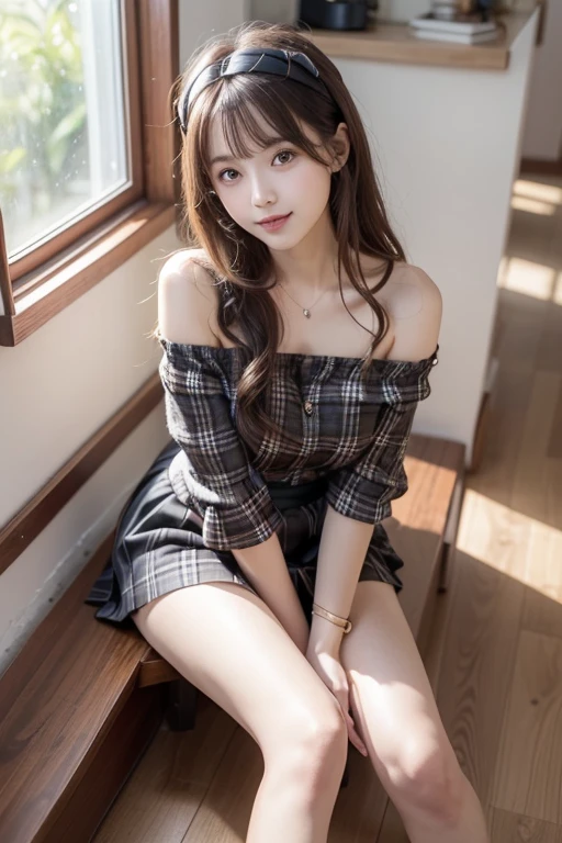 ((of the highest quality, 8K, masutepiece: 1.3, Raw photo)), Sharp Focus: 1.2, (1 AESPA Girl :1.1), Solo, (Realistic, Photorealistic: 1.37), (Face Focus: 1.1), Cute face, hyperdetailed face, brunette short messy hair, Small Smile, slender, full nude, (school uniform like Off-the-shoulder chiffon dress: 1.2), check skirt, (Sitting with one knee up: 1.3), classroom, spread legs, flower, dahlia