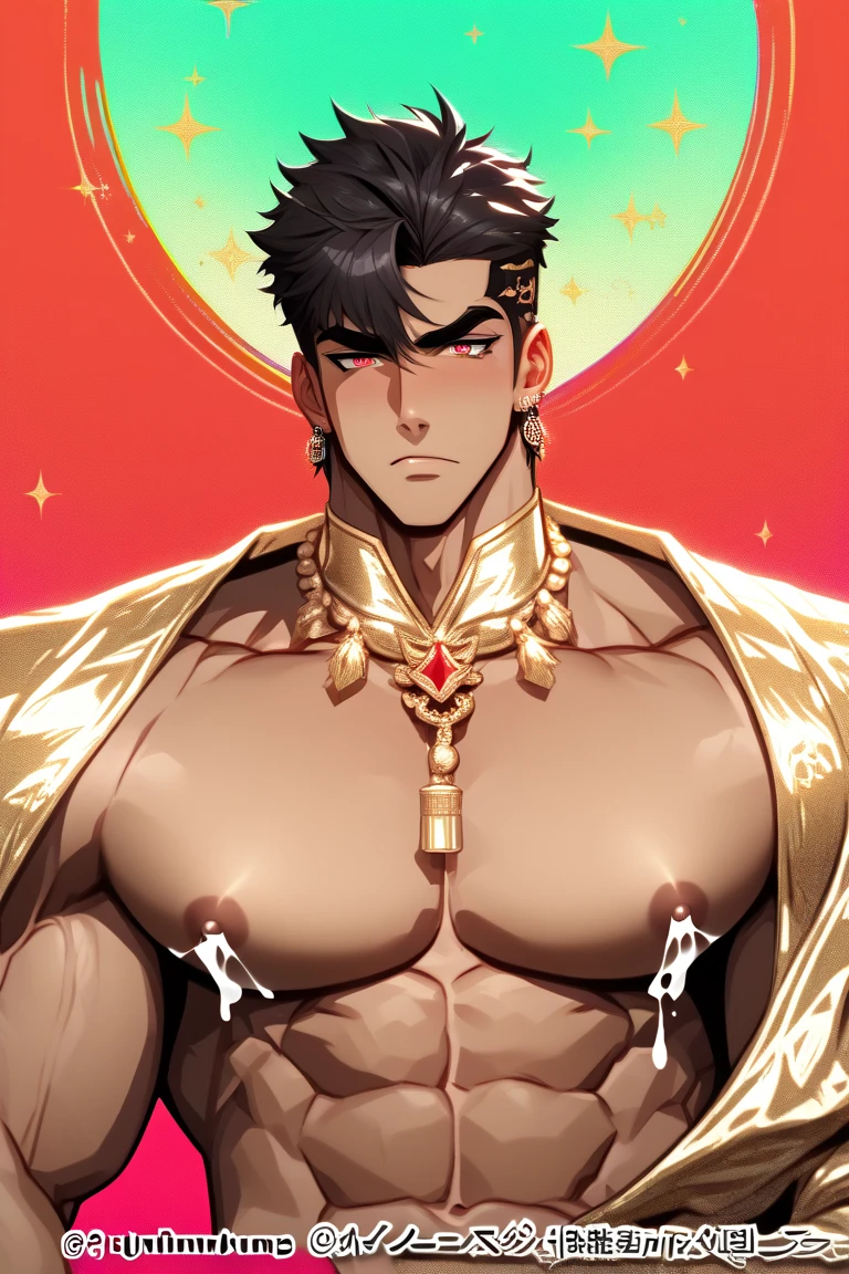 1boy, male, adult, muscular, very short black hair, brown eyes, tanned skin, police uniform, open shirt, open chest, unbuttoned pants, one hand shows biceps, satisfied grin, sexy, lying on bed