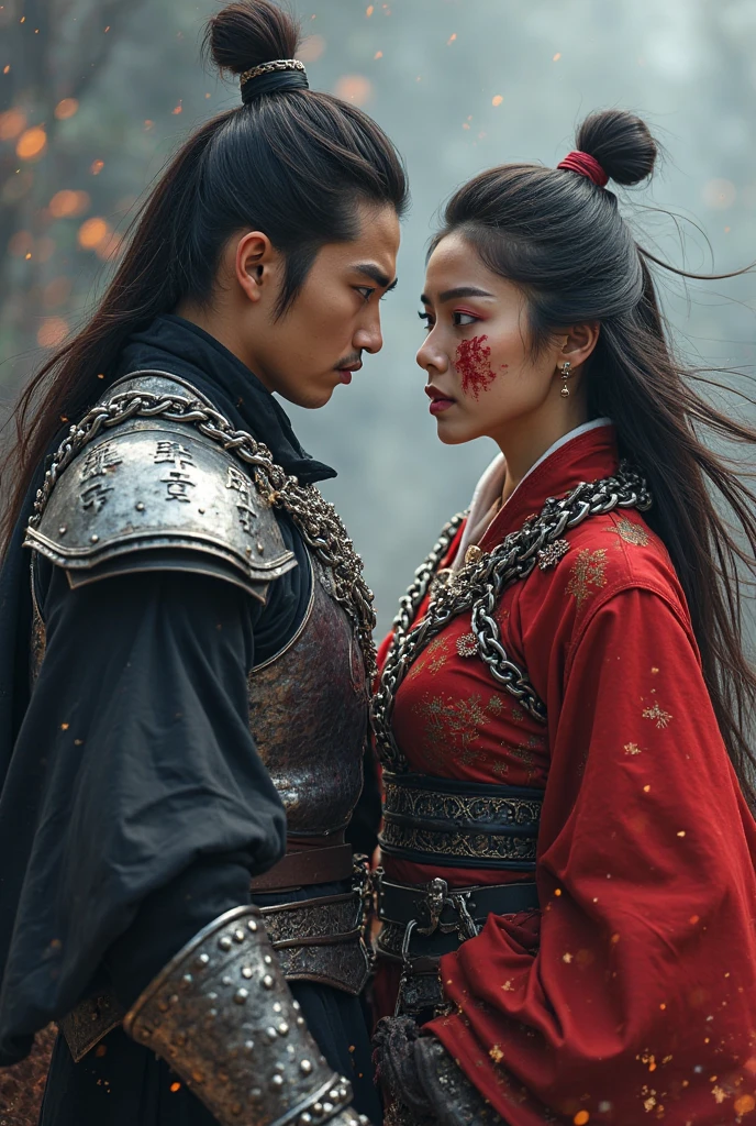 professional photo, portrait of a handsome 19 year old Korean man with hair in a bun, wearing a sninobi costume complete with red eyes on the right side and blue on the left side standing with a sharp gaze, behind his back is a katana sword, standing with a beautiful haired woman Long flowing, charming face with luscious red lips, beautiful eyes with the same color, wearing the same costume, hakama, kyahan and tabi. Complete with an iron-armor shield without any part of the head, loose hair flying in the gentle breeze, the beautiful woman smiled. sincerely with one hand holding the man's shoulder, the background is a barren field with a high hill behind them, the picture is very realistic, with the effects of sparks and wind and flying dust, the picture has a slight 3-dimensional touch, very interesting, picture the extraordinary, the cinematic, the photographic