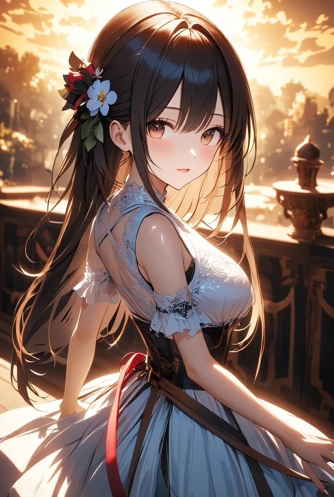 Egiptian princess in the anime is wearing a gold dress with her hair in braids, sexy , 1girl, breasts, solo,DARK SKIN , long hair, black hair, looking at viewer, dress, jewelry, earrings, brown eyes, white dress, bare shoulders, covered navel, sleeveless dress, outdoors, cleavage, sleeveless, medium breasts, day, closed mouth