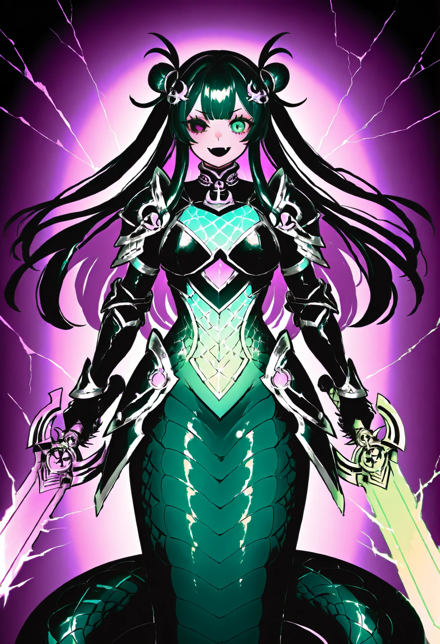 Lamia style girl. Centipede body. Black snake. Green scale pattern. Black fang-shaped hair ornament. Armor knight. Bright hair. Long hair. Asymmetric eyes. Snake eyes. Snake skin face. Anchor charm on collar. Black armor. Purple decoration. Holographic crack costume. Sharp claws. Holding weapon. Chainsaw sword.