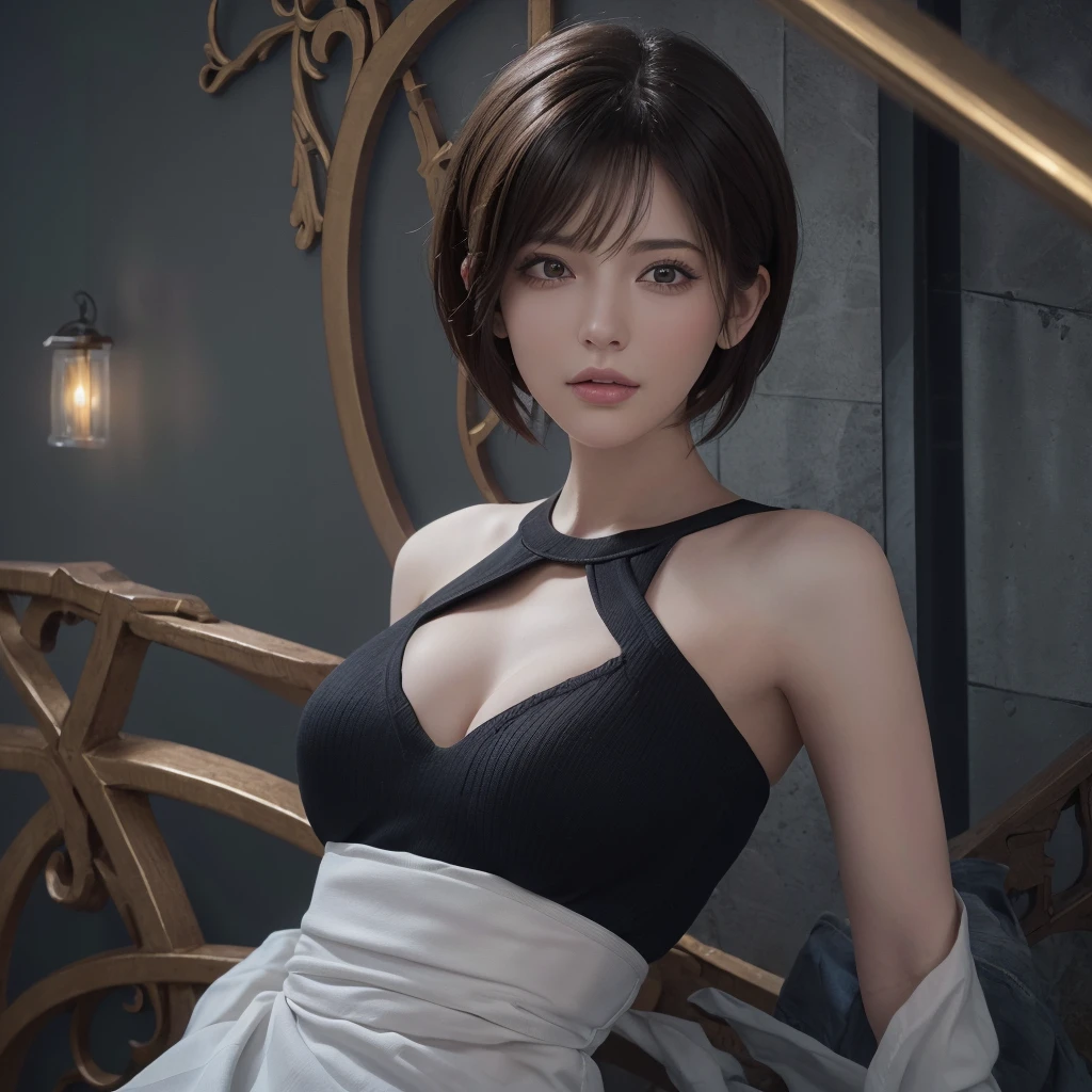 (table top), sexy、Natural light, realistic diffused glow, Depth of written boundary, professional lighting、Spotlight people、Big eyes、eyes are blue、blonde、Russian、Foggy、、black dress、Snowy mountains in the background、The hairstyle is short cut、Her hair has a loose perm.、