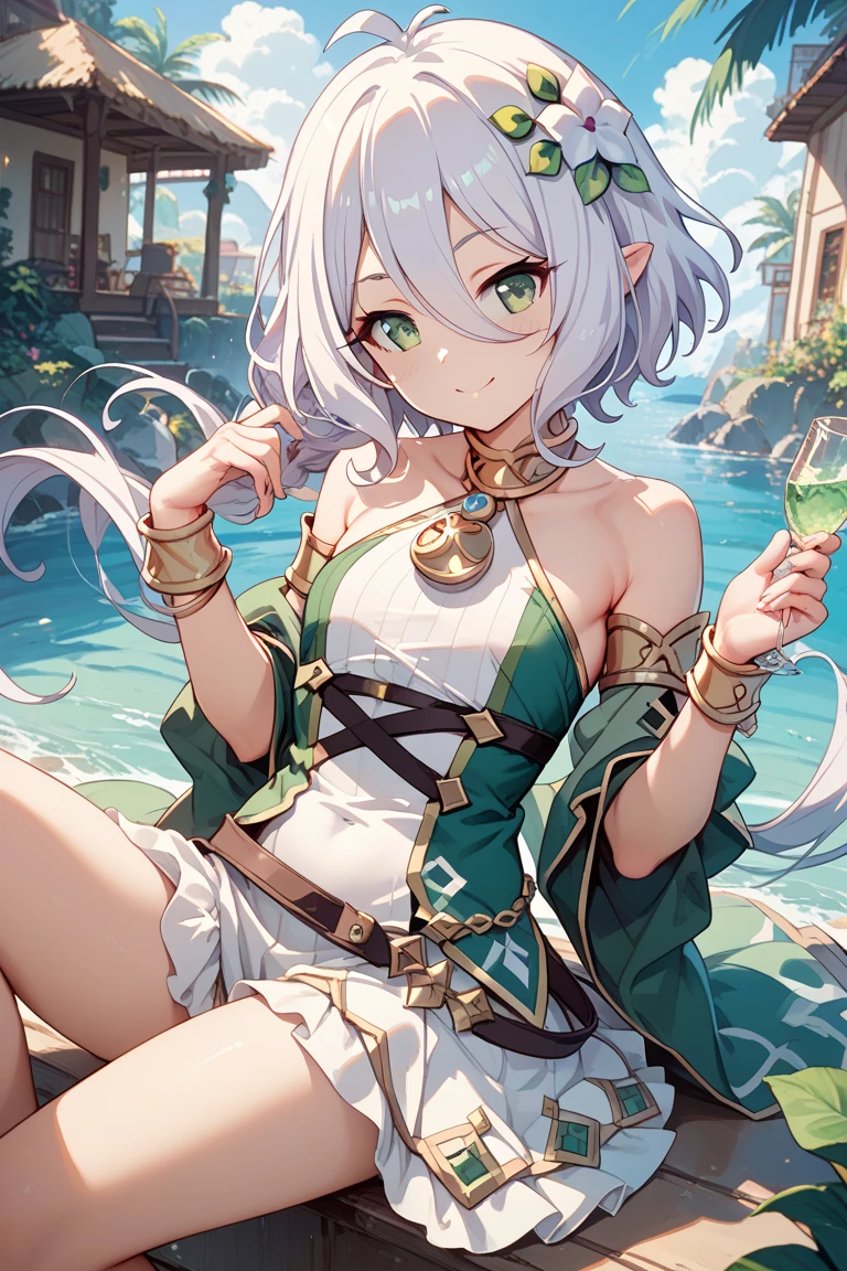 tmasterpiece，best qualtiy，Fine and detailed，A high resolution，Extremely Delicately Beautiful，（whaite hair），Close-up Shot Shot，（Green eyes），Be red in the face，cleavage，Off-the-shoulder attire， photo，perfect bodies，perfect bodies，white stockings，(Overlooking)，sea