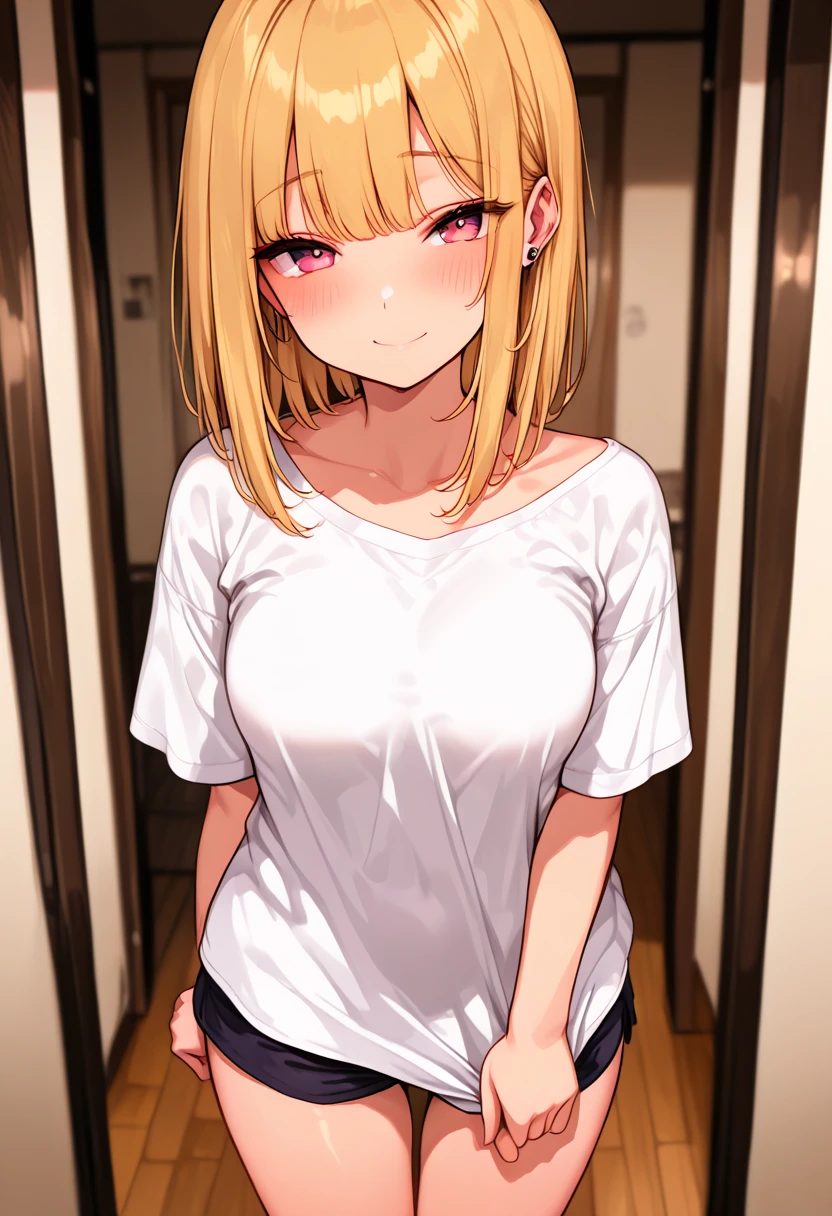 ​masterpiece、hightquality、entrance_ground、natta、(Blonde medium hair, wetting hair, yellow  eyes)、wetted skin, An 18-year-old woman、Sheer white t-shirt、a miniskirt、(Alone:1.5)、(Sad look:1.1)、(Kamimekai:1.3)、(Only the upper body is shown.:1.3)、Bold composition