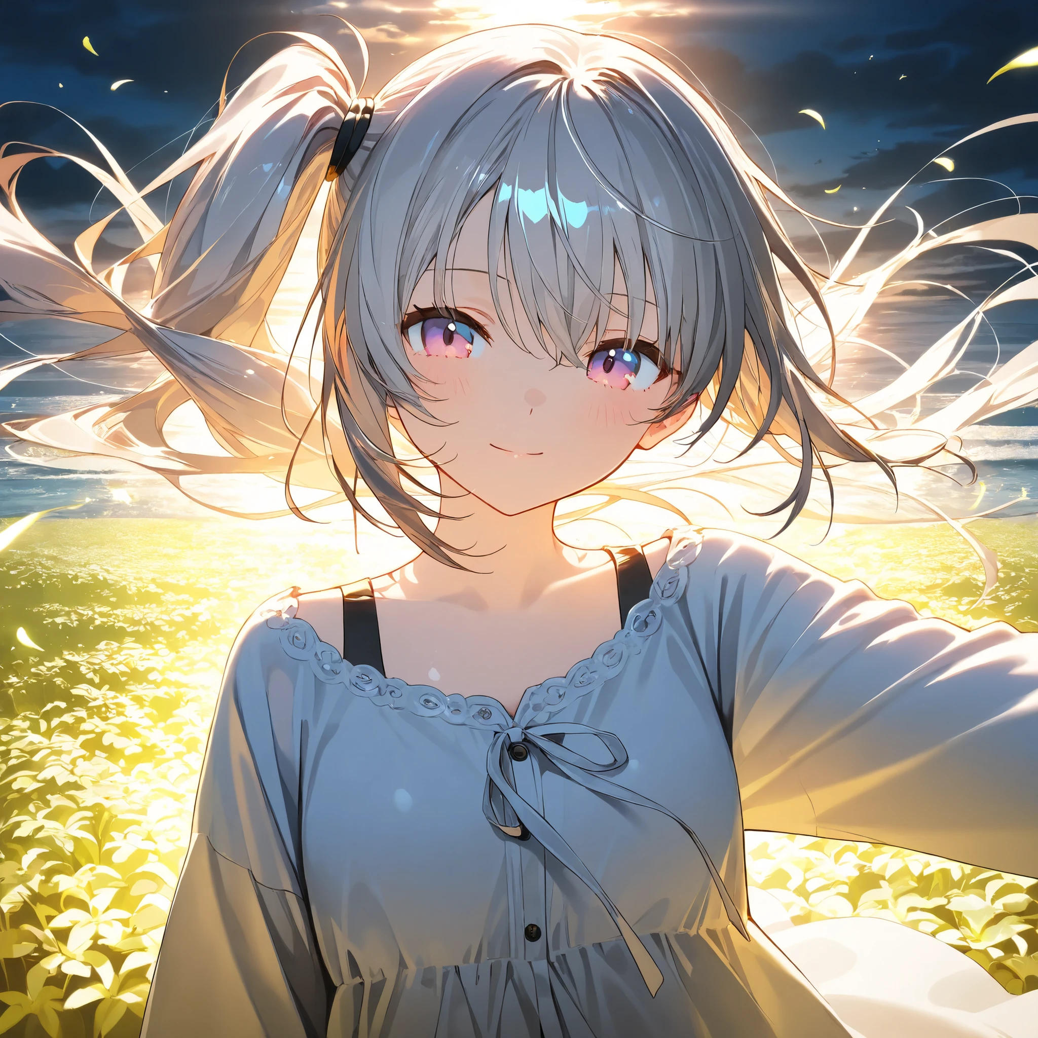 1 Girl, gray hair,Pink blue eyes ,Big , outdoor,wind, Game CG,,( masterpiece), (best quality), (ultra-fine), very aesthetic, illustration,super fine skin, with shiny skin, ( masterpiece), (best quality), (ultra-fine), very aesthetic, milk,, REAL LIGHTING , 4K, 8,000,Her hair is tied to the right and tied in a side ponytail,Dark environment,Sea of Flowers