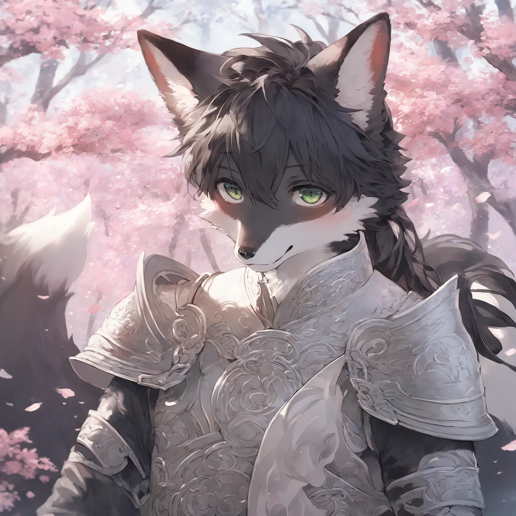 fox MLAE BLACK , kemono , furry , Chinese style , forest , BLACK hair , green eyes , two fluffy tails , Iron color CHINA armor, Watertight eyes , "highly detailed, soft light, anime style, pastel colors" , male Maturity , 30 age , black fur