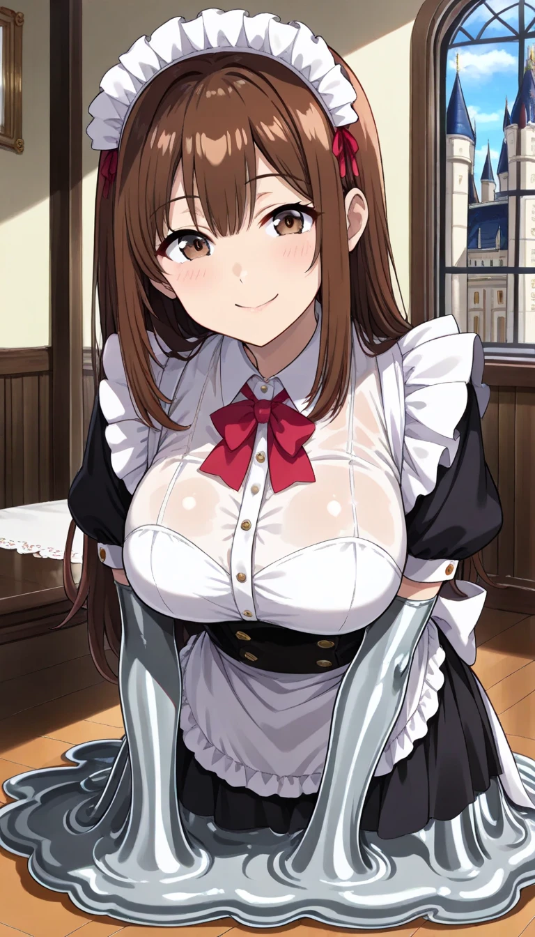 Photographed at a night festival,Photograph the whole body,(Mastepiece,1, alone,,Girl) (Kodama Fumika)ponytail,Pink ribbon,Big Breasts,Cleavage,Maid outfit,White and black maid