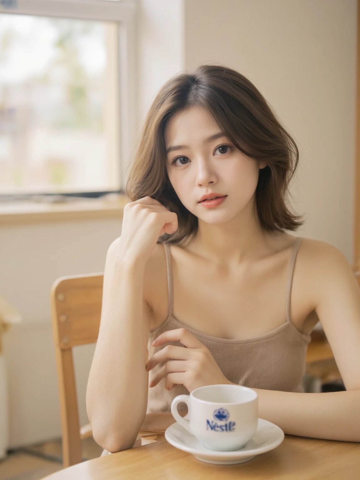 (masterpiece), Very realistic, her cheeks turn red、 Non-NSFW, (Perfect Anatomy), 8k resolution, wonderful, elegant, Hyperrealism, Approaching perfection, dynamic, Very detailedな, Smooth, 超High resolution, Alchemy Smooth upscaled images ,HD resolution, High Quality Boost, Contrast Boost, Professional alchemy、Oversized camouflage pants、Military Pants、The upper body is a tight white tank top.、Expressionless、美しいJapanese people women、cute、Small breasts、university student、22 years old、Hair tied up、1people、Very beautiful Japanese idol portraits、RAW Photos,Highest quality、Genuine、Very delicate and beautiful,Very detailed,2k wallpaper,wonderful,In detail,Highly detailed CG Unity 8K wallpapers,Very detailed,High resolution,Soft Light,Beautiful detailed,Very detailed eyes and face,Beautiful and sophisticated nose,Beautiful and beautiful eyes,Cinema Lighting,(Simple light color background:1.3)、Complete Anatomy、Slender body、Small breasts、｛A dimly lit Nordic cafe｝、｛Lots of houseplants｝、 ｛Morning sunlight filtering through the trees｝、｛Drink coffee｝、｛Hair tied up｝、｛sit cross-legged on a chair｝、Concrete wall、Agave on the table、美しいJapanese people women、Perfect dynamic composition、Tilt your head、Model body type、 masterpiece、Highest quality、超High resolution、Ultra-high resolution photos、Smooth upscaled images 、HD resolution,、High Quality Boost,、Contrast Boost、Hyperrealism、Super fine、8k、elegant、 １people、Japanese people women、美しいJapanese people women、Ultra detailed face,、Captivating smile、cute、White skin、Fair skinの美しい肌、Brown eyes、Beautiful symmetrical face、Small face、Age 25、Beautiful black hair、 Beautiful small breasts、Skin between genuine people、Perfect figure、Perfect Anatomy&#39;s Body Type、whole body photos、Detailed and realistic people bodies、Detailed and realistic skin、Realistic face in every detail、Detailed and realistic eyes、Detailed and realistic lips、Detailed and realistic teeth、Detailed and realistic ears、Detailed and realistic hair、Beautiful Hands、Realistic feet down to the last detail、Realistic breasts down to the last detail、Realistic areola down to the last detail、Realistic nipples down to the last detail、Realistic female genitalia down to the smallest detail、Realistic vagina down to the last detail、Detailed and realistic clitoris、Realistic anus down to the last detail、Thick pubic hair with realistic detail、whole body、whole bodywhite skin、Fair skin、Check and fix the skeleton、Pubic hair is thick、Thick pubic hair、 Completely naked、urination、Pleasant expression、Blushing cheeks and an ecstatic expression, Leaking urine、A sex toy is inserted into the anus、Put your arms behind your back、Open your mouth、 Scandinavian-style cafe、Scandinavian interior、Wooden table、Surrounded by plants、
