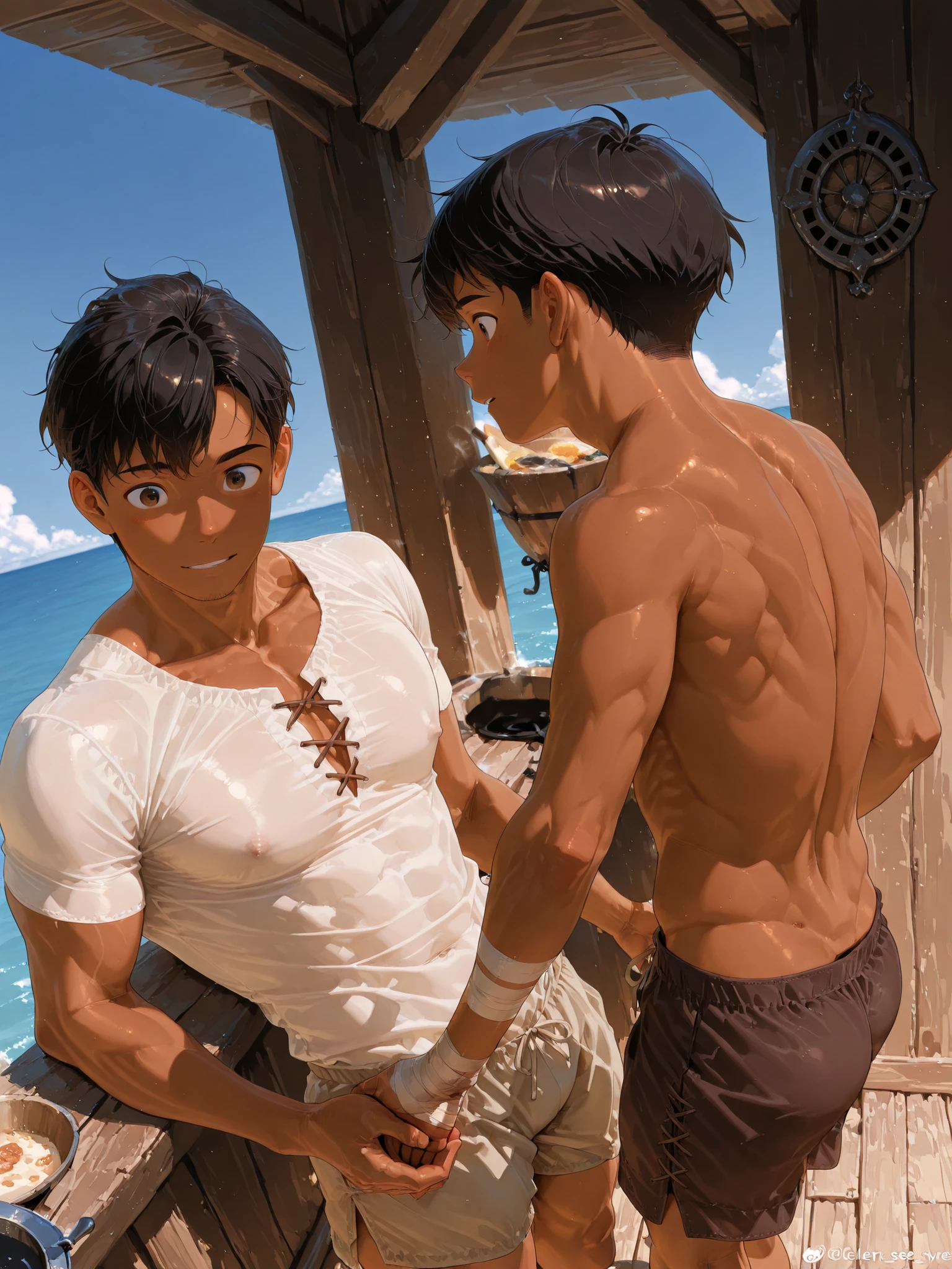 8K,high image quality、High Quality、masterpiece、is anatomically correct、accurate human body、perfect face、detailed eyes、5 Fingers,
Medieval Fantasy、Clear skies、sea、Wooden Ship 、blue sky、
1boy,solo,r、shota man,brown skin、toned body while cooking、black hair、short hair、brown hemp shorts、Knee-length shorts 、shirtless、Petite、Bandages on both hands、
