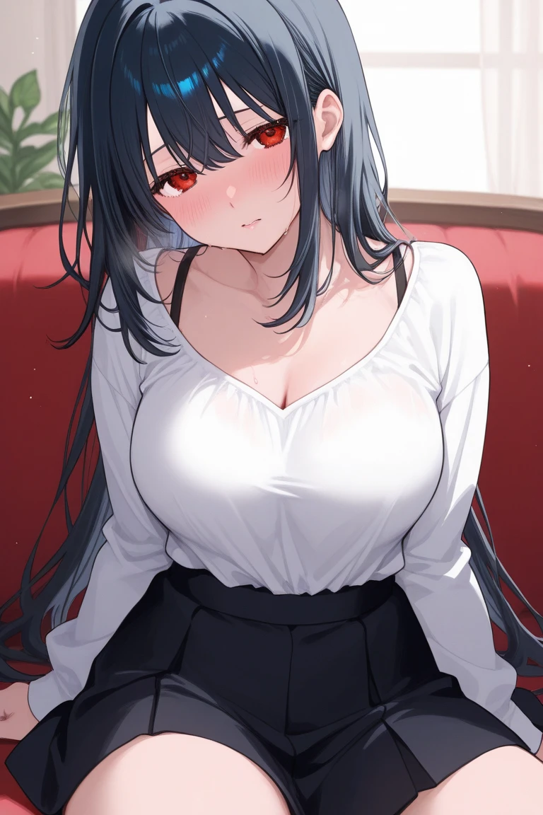 ((masterpiece、high quality、High resolution、4K, 8K, Blue archive official art、live-action)),detailed person、detailed face、detailed eyes、fine eyes、 dripping sweat、oil skin,sparkling skin、realistic skin texture、detailed beautiful skin、shiny skin, revealing clothes, (One white cut shirt:1.5), big breasts、beautiful thighs、big breastsの谷間、Chest overflowing from the shirt、(open the front、button comes off), mature pretty woman、transparent eyes、heavy makeup、sexy、(slender body and limbs,), angle from above、((on the bed))、(random facial expressions), ((clear eyes、double eyelid、red eyes、long black hair、big breasts))、((character Tsukatsuki Rio 、Blue Archive))、crawl on all fours、pov 、((Inciting composition))、ぶら下がるbig breastsがシャツから見える、night scenery、night room、dark、lights out、grayscale:27、full of embarrassment、blush、bright red face、shy、(sweat,steam),