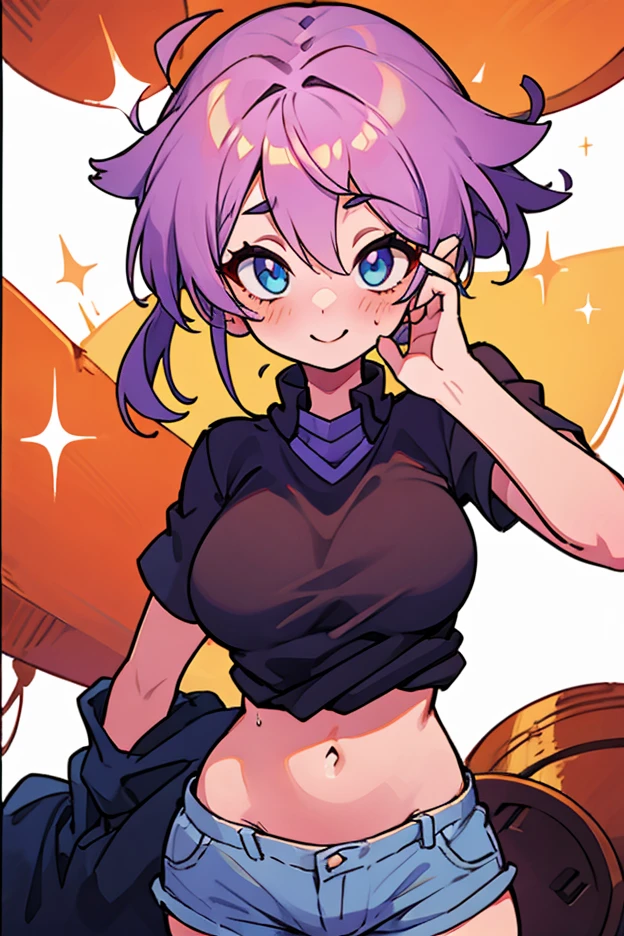 Bunny, purple skin, colored sclera, yellow sclera, black eyes, yellow teeth, grin, bunny ears, red overalls, yellow gloves, nonhuman, 1boy, anthro Super Extra large breasts breast enlargement full-body shot looking at the camera smiling and blushing shyly