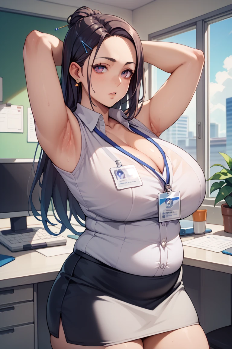 1girl, solo, (blue hair, long hair, bangs, blue eyes, cute face:1.0), (large breasts, muscular, muscles, muscular arms, muscular shoulders:1.2), (collared shirt, button gap, cleavage, collarbone, bursting breasts, black pantyhose, black skirt, pencil skirt, office lady, sleeveless:1.0), indoors, (biceps flex, pumped biceps)