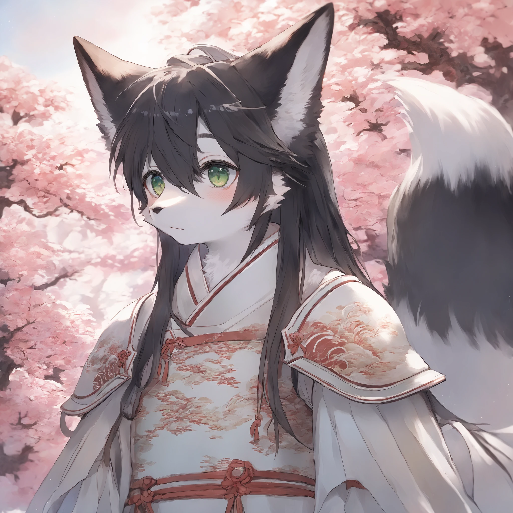 fox MLAE BLACK , kemono , furry , Chinese style , forest , BLACK hair , green eyes ,  two fluffy tails , Iron color CHINA armor,  Watertight eyes , "highly detailed, soft light, anime style, pastel colors" , male Maturity , 30 age , black fur