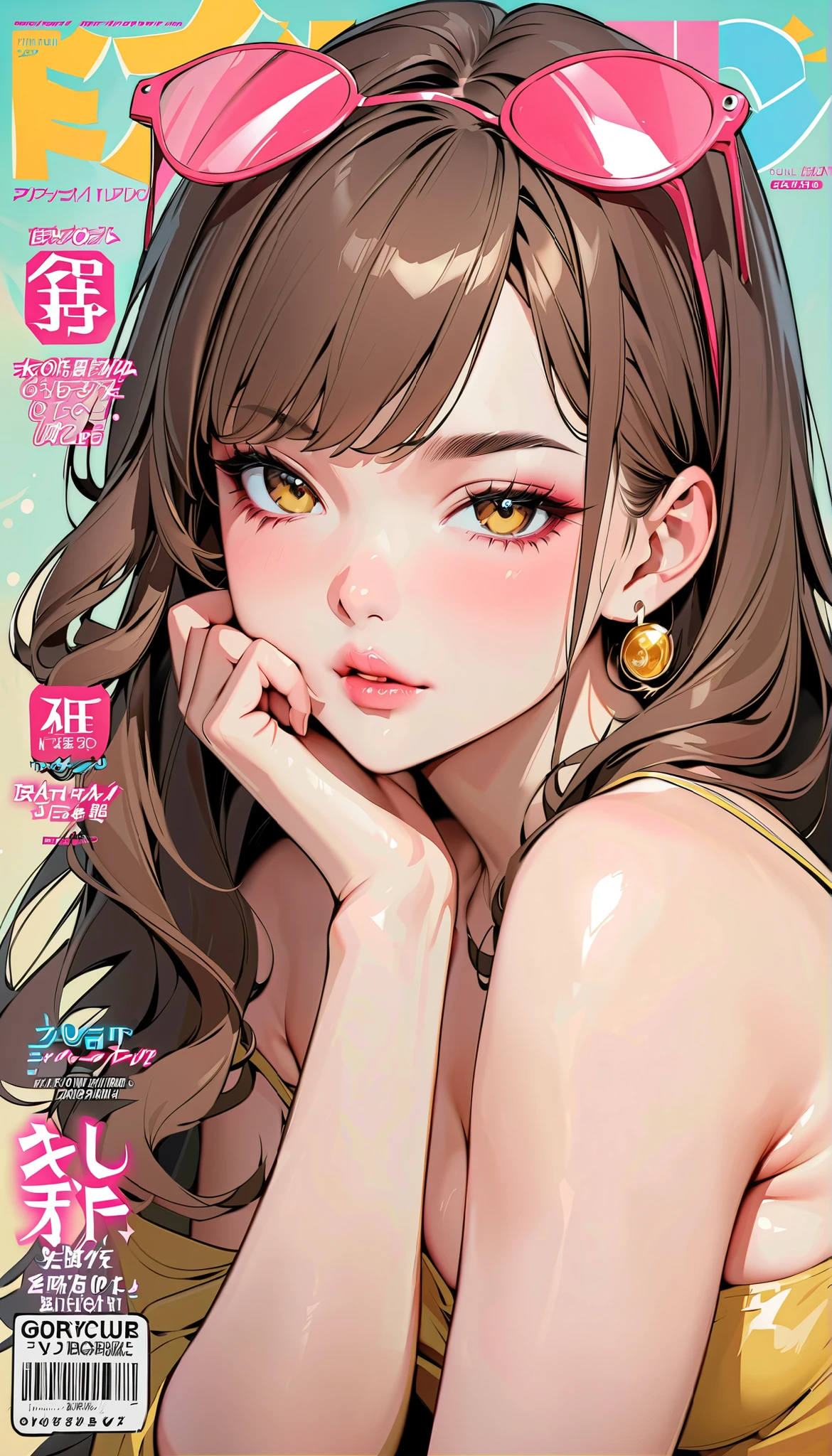 Perfect drape configuration :1.331, proper placement :1.331, Golden Ratio:1.331, (masterpiece, best quality :1.331), beautiful Japanese woman holding a panty , Alone, anatomically correct proportions:1.331, small head :1.331, anime style, Pop Art Style , sexy idol, Blurred vision, sexy face, Orgasm Face, put sunglasses on your head , put your hand on your cheek, Perfect Meaning, Pink lower lip, plain makeup for Japanese high school girls , Dark brown hair, Length Hair, Asymmetric Wavy Hair , Long Bangs on One Side , Color Highlights , tight gold camisole , Subculture magazine , lively magazine cover showing content , color々Show content , adult magazine cover ,
