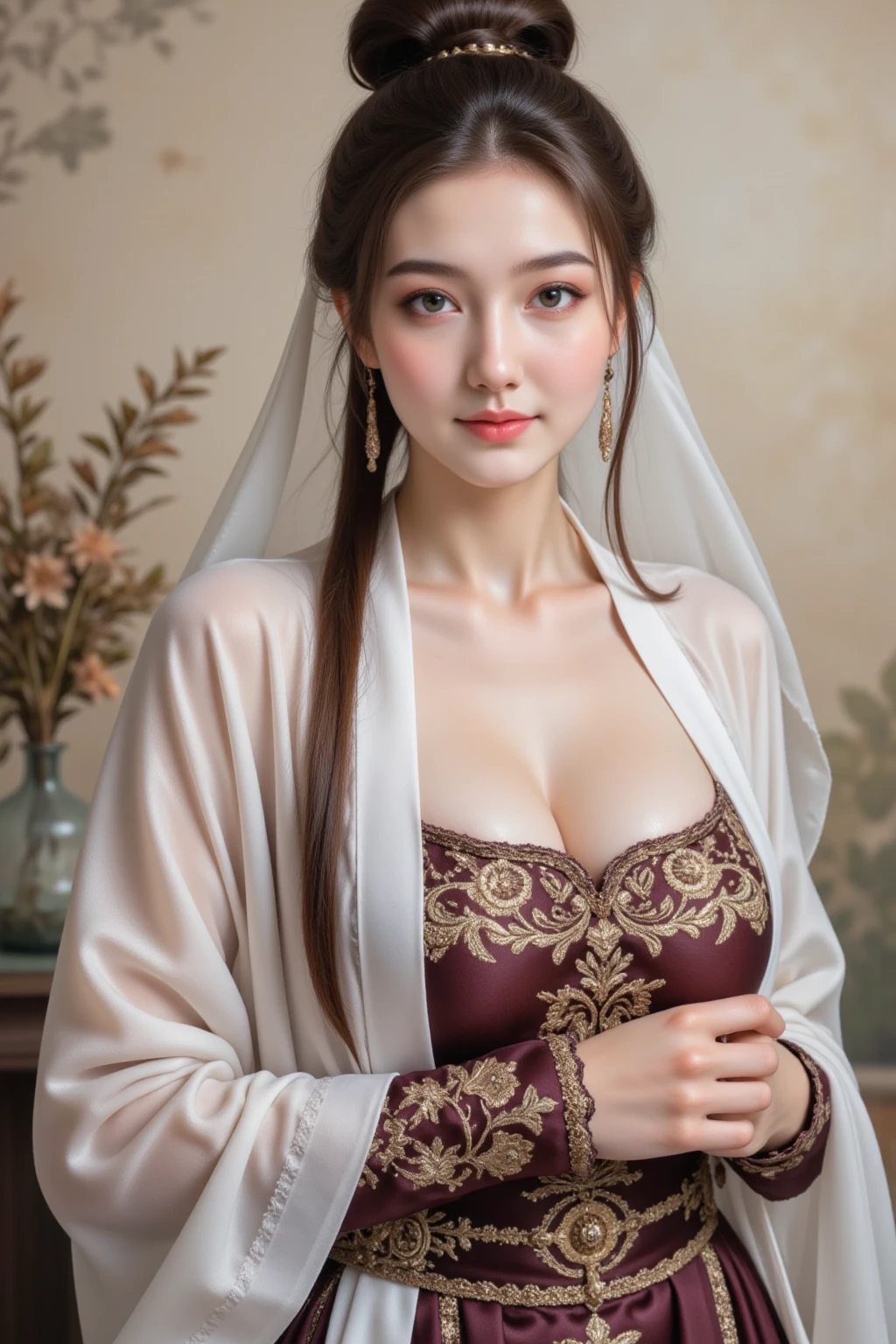 beautiful detailed eyes, beautiful detailed lips, extremely detailed eyes and face, longeyelashes, 1girl, wearing hijab, nude, large breasts, intricate detailed clothing, ornate jewelry, elegant pose, photorealistic, highly detailed, dramatic lighting, cinematic composition, vibrant colors, chiaroscuro, renaissance painting style