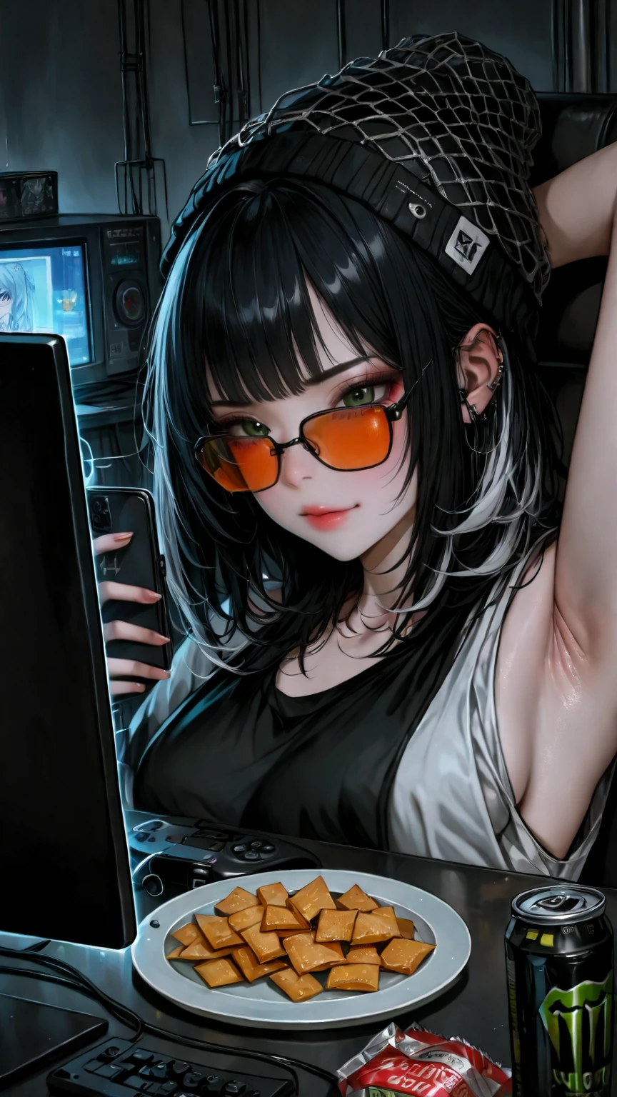 1 girl, solo, wide shot, (tmasterpiece), (Excellent), (Super detailed pictures: 1.2), Super Young Woman, The beautiful, sexy for, burst, oriental face, (((cyan sunglasses))), TV Anchor, Broken, Alone, Black suit, a blue tie, silver glasses, The face is a little fat, My face is already clean, No beard, green super long hair, 黑The eye, confident smile, 3c Computer Sub-Products, iPad, iPhone, digitial painting, 3D character design by Mark Claireldon and Pixar and Hayao Miyazaki, This picture is a 4K resolution high-definition picture,Visual effects with very detailed facial features and style, (((tmasterpiece),(Very detailed CG unified 8k wallpaper),Best quality,电影灯光,detailed back ground,beautidful eyeright pupils,(very delicate beautiful),(Beautiful and detailed eyes description),ultra - detailed,tmasterpiece,)),facing at the camera,A high resolution,ultra - detailed), jack-o' challenge, flexible, spread legs, top-down bottom-up