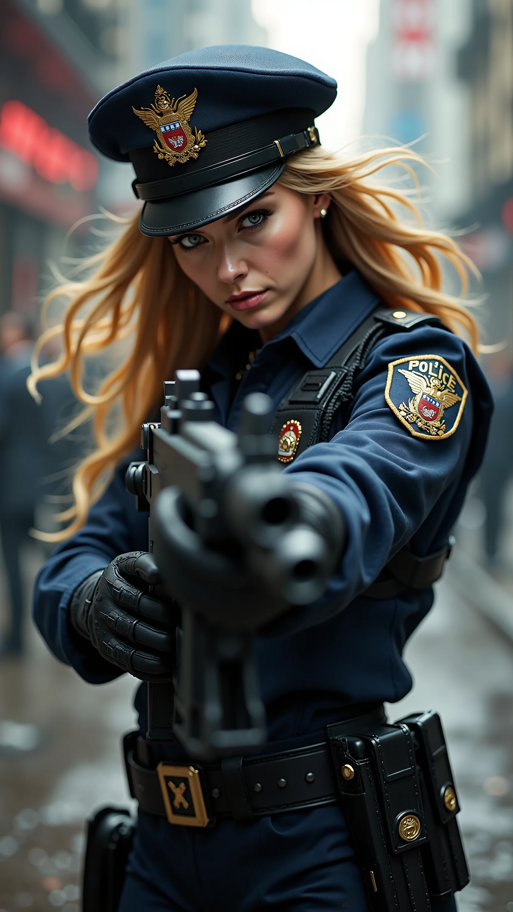 in high-definition images,Strange resolution , high res, (masterpiece: 1.4), super detailed , Blond haired young woman dressed as a police officer, Street Fight , sticks out in front of her body and shoots a machine gun。