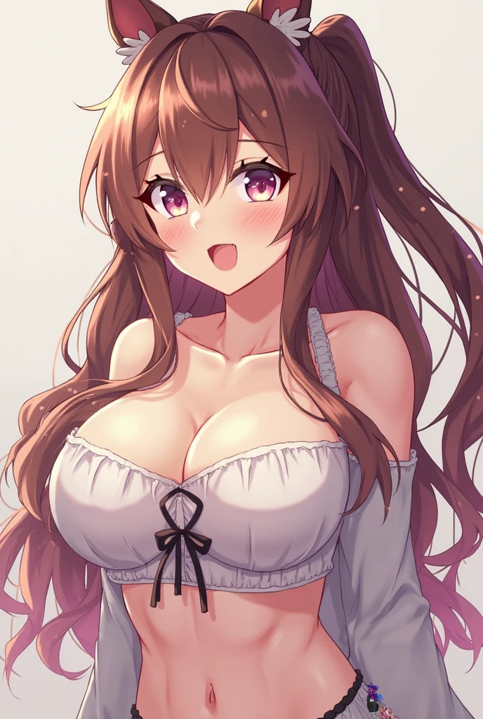 a happy anime girl with brown wavy hair, in a white see through shirt, with a white bra visible,