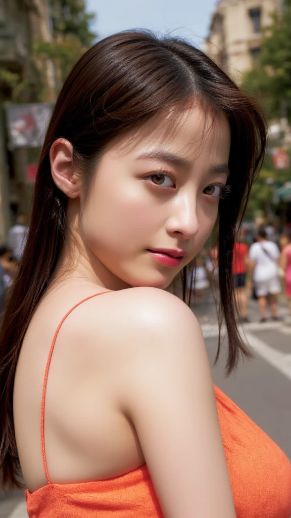 (best quality:1.4), (ultra highres:1.2), (photorealistic:1.4), (8k, RAW photo:1.2),(portrait shot:1.3), _nckhsr_, 1girl, solo, long hair, brown hair, upper body, armpits, arm up, lipstick, red shirt, closed eyes, <lora:_nckhsr_-000008:0.7>