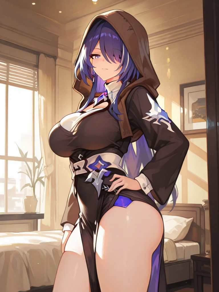 Tall girl, long blue hair, violet eyes, White jacket, white trousers, hat, open belly, Wide neckline on the chest, open breasts, purple lipstick, smirk, Masterpiece, hiquality