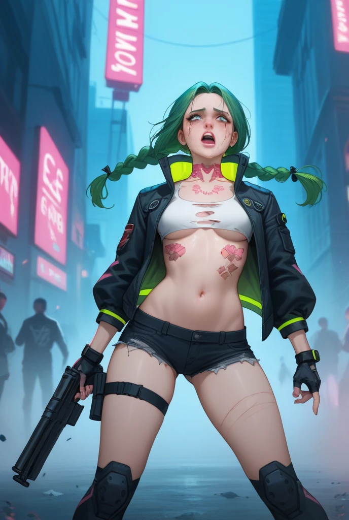 (((menina elfa Sexy))) in zombie version, (Menina elfa), ((sangue verde)), Corpo, leaking fluids, Color put death, ferimentos abertos, ((menina necromancer bonita)), 2. 5 d cgi anime fantasia arte | | | | |,arte de fantasia de anime, without a hat, (((frontal full-body view))), (((risada sarcastic))), without a hat, cabelo verde, ((((hand in pants))))