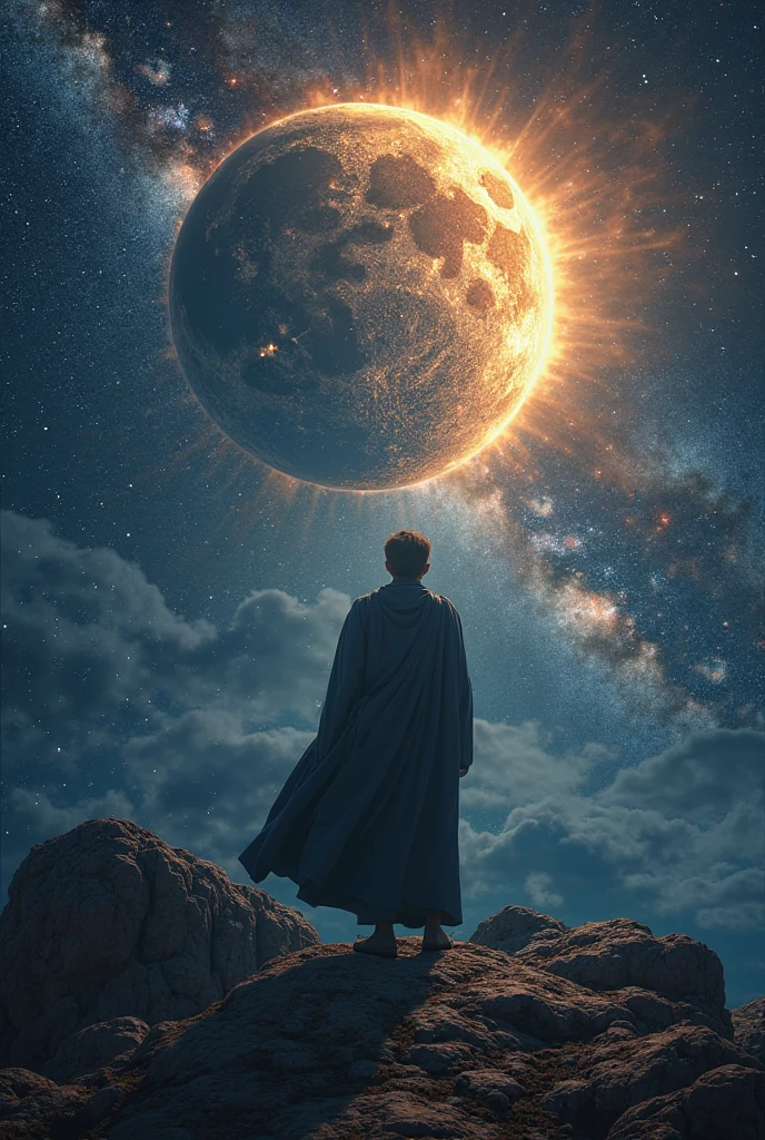 Creates the image of the young wizard Merlin accompanied by the torus of planet Earth, better quality, realistic --auto
