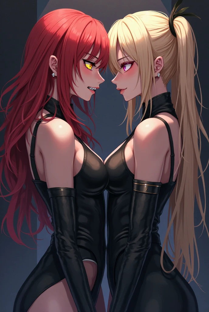 Dark Phoenix (Sophie Turner, red hair) kissing Magik (Anya Taylor-Joy, blond with bangs) in the X-Men's danger room, ecchi