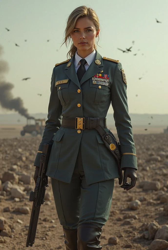 A professional photograph of action hero KatieMcGrathTIDoli, a beautiful woman wearing a military uniform, camouflage green full suit with jacket and military skirt, modern military soldier, black hair, stunningly beautiful, athletic body, she's she's posing sideways, like it's instagram, posing in a desertic oasis, action film shot, award winning shot, cinematographic lighting. Action scene, masterpiece, 4k, 8k. absurdres, cleavage, short military skirt, sexy pose, thigh