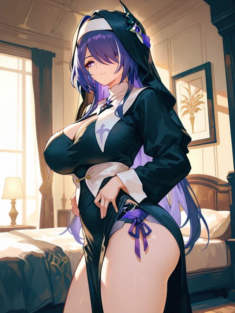 Fox Girl, Large Breasts, voluminous purple hair, masterpiece , Red eyes, hd, Head to Chest, buried in my chest、Underboobs、Double teeth,, On all fours on the bed