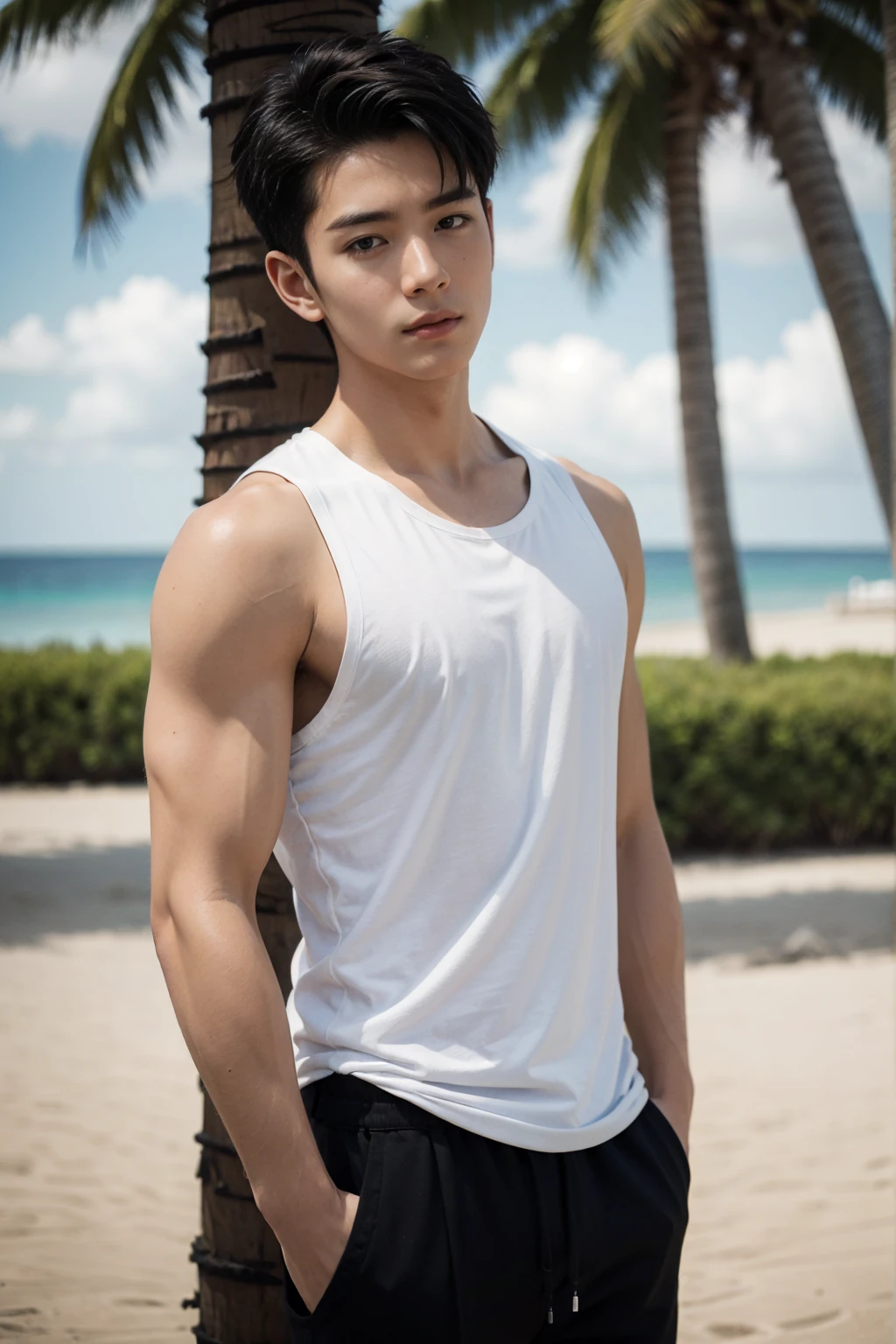 solo , 1man , thai man , Men's tank top , Short pants , sea , sit
