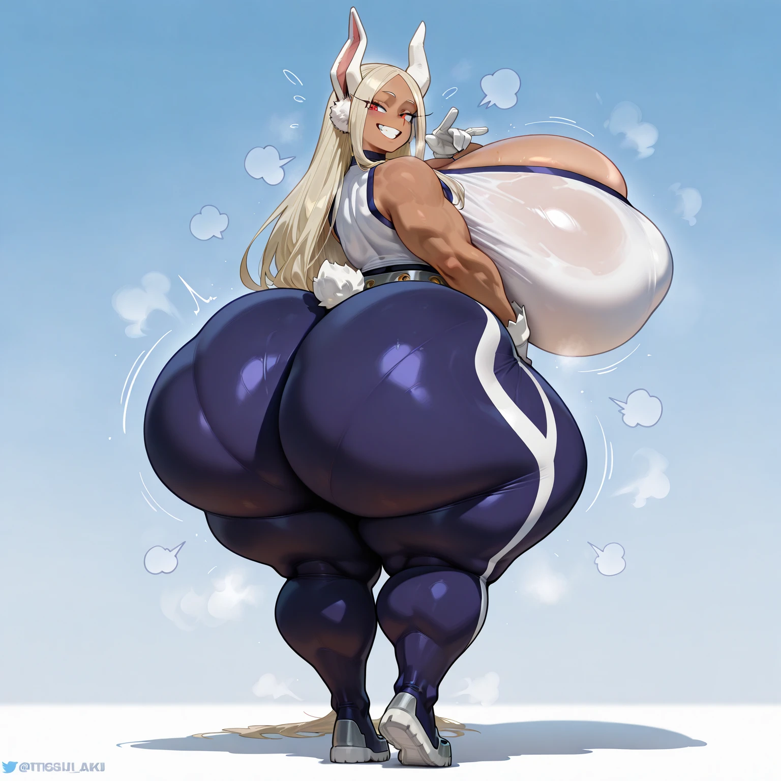 bangs big breasts bubble butt bunny ears bunny bunny tail curvy white hair red eyes dynamic pose explanation full body high heels hourglass figure huge breasts maebari nipples reverse bunny suit short hair standing thick thighs wide hips