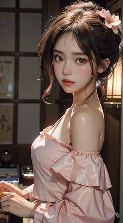 Best Quality, Masterpiece, Ultra High Resolution, (Realisticity: 1.4), Original Photo, 1girl, Pink Off-the-Shoulder, Cinematic Lighting