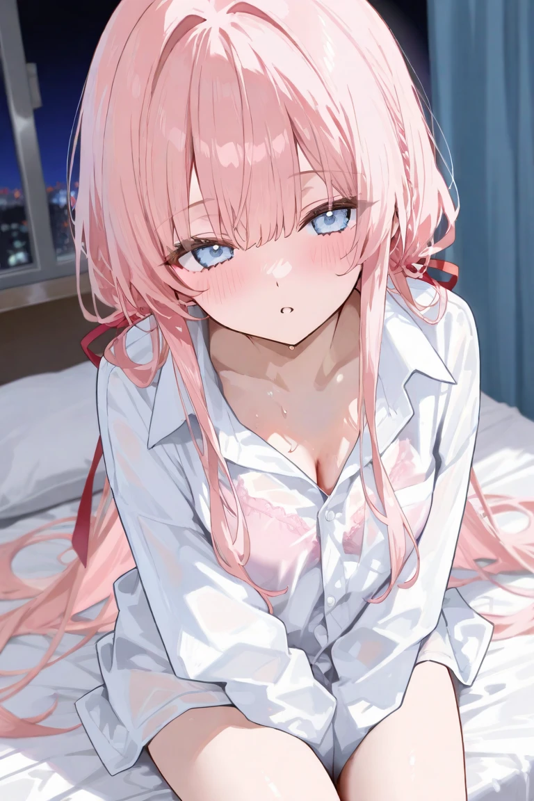 Pink hair girl, bangs, pink eyes, black pajama, laying on the bed, night views, dark, blushing, wet, sweat, shy, sleepy, tangtop, adult, wife, lick, tongue