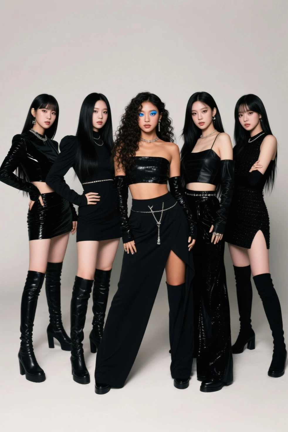 BIBI korean singer dressed in a black leather jacket, tight black pants, long straight hair, with dark eye makeup and red lipstick, sitting on a throne and surrounded by her guards, all in a mafia atmosphere 
