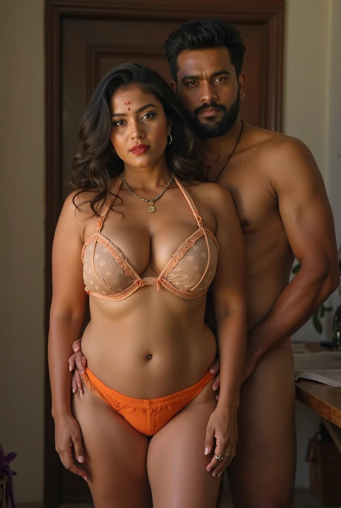 A beautiful gorgeous plump Indian 45-year-old woman wearing bra panty, huge breast, cleavage, with lots of men grab woman body from behind her