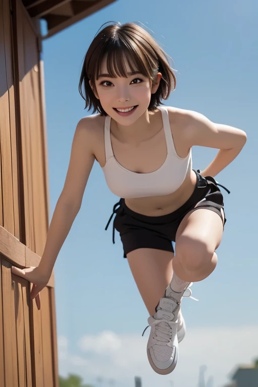 (Solo), (a detailed full-body RAW photo of a girl), (masutepiece:1.0), (Best Quality:1.4), (超A high resolution:1.2), (Photorealistic:1.4), 8K resolution, Canon EOS R5, 50 millimeters, absurderes, ultra-detailliert, (25-years old), Sharp Focus, Cinematic lighting, Detailed beautiful face, (no-makeup:1.2), (ulzzang -6500-v1.1), petite figure, Detailed skin texture, Suntan skin, flat chest, (skinny and fit body:1.6), Thigh gap, Detailed brown hair,  sweltering,(Very short hair:1.5), realistic glistening skin, (Sweating), NFSW, Heavy breathing, (small tits, Cameltoe, Erect ), (small fit Sexy see through SPORTS bra:1.5), well-developed abdomen, Blue sky, bikini tan, (Dark Santan), (flat chest:1.5),  Dynamic Pose,  (Lower Flåm), Dynamic Pose, (blue stripe mini pleated skirt:1.2), (up skirt:1.5), (skirt lift), (show panty:1.5), (from below:1.5)