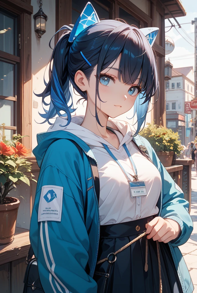 Kitana from Mortal Kombat 1, Make her face Arknights style looks like face, sharp slanted eyes, tounge out,tounge,Ponytail dark hair, shoulder long hair,the outfit are dark blue street wear colour,crop top oversized hoodie + cargo shortpants street wear, holding chinese traditional fan and blade