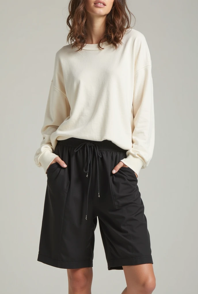 Best quality, masterpiece, ultra high resolution (photorealistic: 1.4), raw photo, 1 girl, European, cute and adorable girl, age girl, wearing black hijab, white shirt, black shorts, ((black socks)), white air force sneakers, in a photo studio, full body view, funny pose