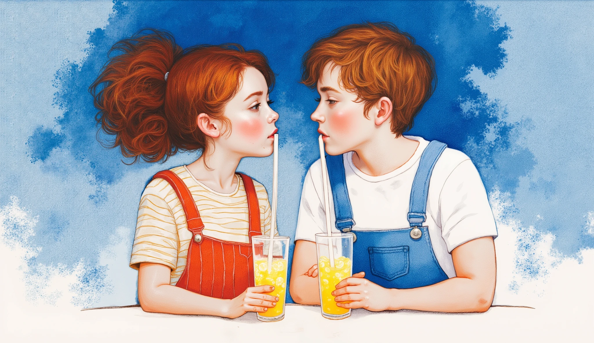 whimsical art style, inspired in Kate Forrester style, A couple drinking lemonade from one glass, through straws; both the girl and the boy are tall and thin, with slightly large heads. She is wearing a striped top and a dungaree, while he is in a white t-shirt and jeans, both sitting at a table, in a simple yet graceful and harmonious drawing. color palette Brass, Key Lime, Red (RYB), Sapphire, Cornflower Blue, background texture with blue tones.