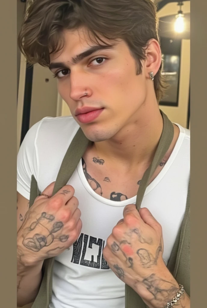 Young Handsome AI high quality realistic tattooed name ruy on neck muscular white skin tanned piercing gaze pink mouth with music bedroom background 