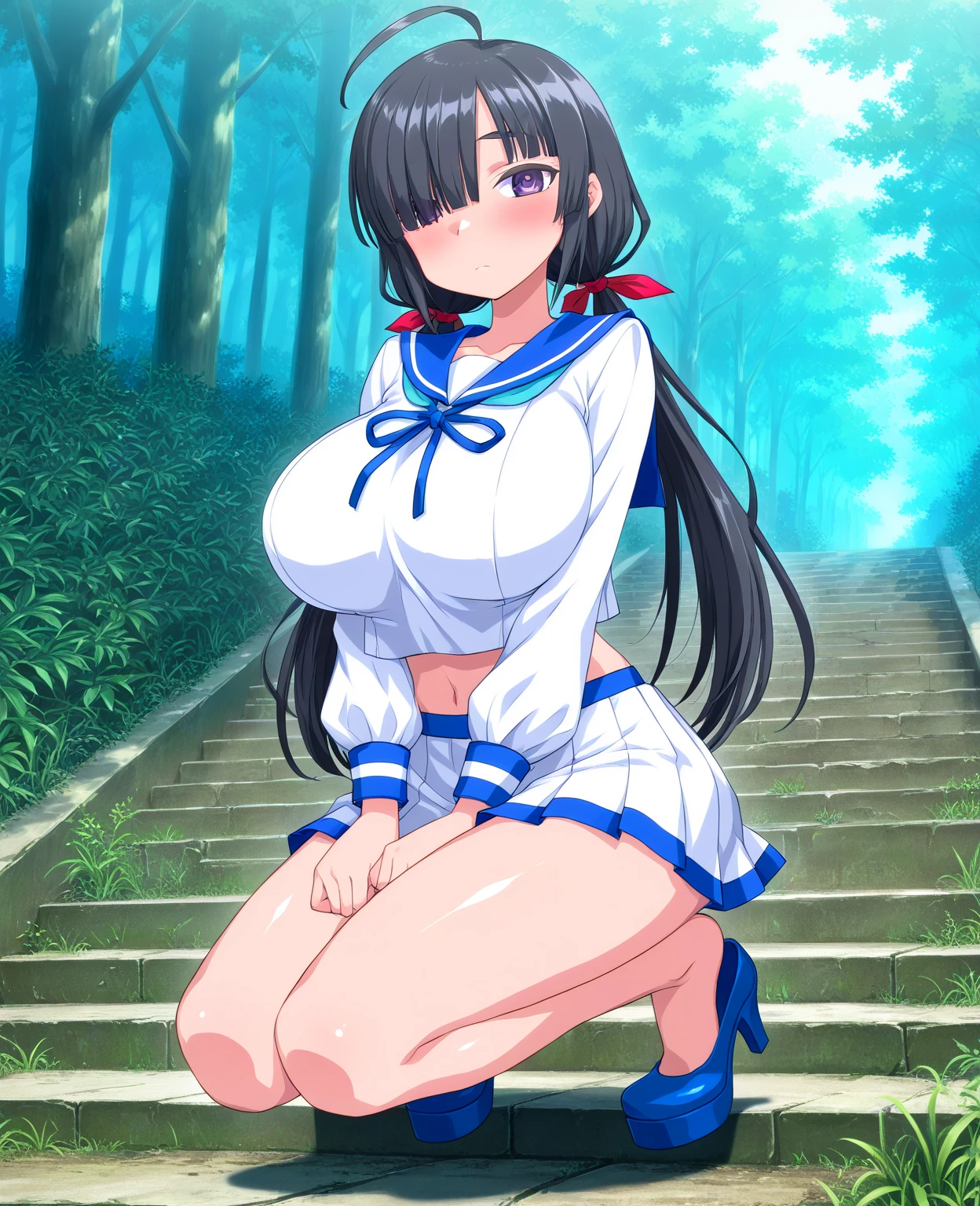 1girl, solo, nsfw,, (wearing nothing: 1.5), large breasts., empty eyes , shizu murasame, long hair, blue eyes, black hair, sidelocks, hime cut, bangs, blunt bangs,, nipple, big breasts、Abandoned amusement park、 file, crying ,flooding、abandoned hospital、fire、heavy snowfall、frozen、 、whole body