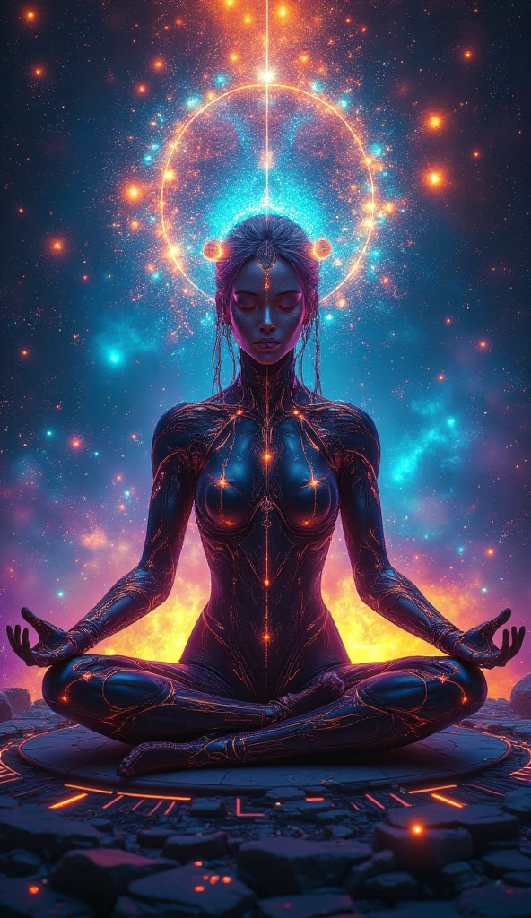 Arafad image of a woman meditating in meditation pose, Elven spirits meditate in space, Powerful woman sitting in space, Elf angel meditating in space, astral travel, Channel mystical energy, Enlightenment, kundalini energy, in the astral plane ) ) ), 宇宙Enlightenment, A meditating robot, interdimensional existence