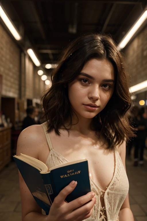 Sexy tall dark hair brunette, slightly wavy hair, 175cm tall, perfect body, in a casual outfit, standing in a bookstore, with a favorite book in hand and a hint of cleavage showing, raw photo, realistic UHD, 8k, realistic skin shadows, realistic skin texture, playboy photoshoot, cheryl cole
